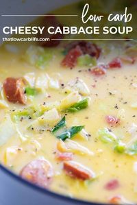 This low carb soup is packed with smoked sausage, cabbage, and diced tomatoes. It's rich, creamy, and keto! #lowcarb #keto #soup #cabbage