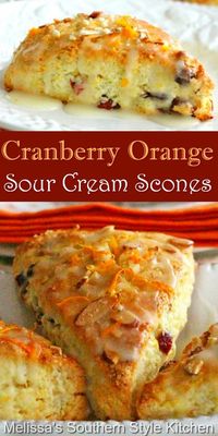 Treat yourself to these scrumptious Cranberry Orange Sour Cream Scones for breakfast, brunch or tea time with friends #cranberryscones #scones #sconerecipes #cranberryorange #brunch #holidayrecipes #holidaybrunch #easter #easterbrunch #christmas #southernrecipes #southernfood #melissassouthernstylekitchen