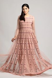 Buy S & V Designs Peach Banana Crepe Gown Online | Aza Fashions