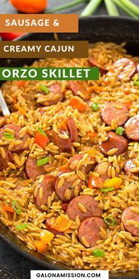 Sausage and Creamy Cajun Orzo Skillet – Make dinner a breeze with a meal all made in one skillet in only 20 minutes! So creamy and delicious. Makes for a great meal or a flavorful side-dish!