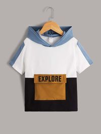 Multicolor Casual  Short Sleeve Cotton Colorblock,Letter  Embellished Slight Stretch Summer Toddler Boys Clothing