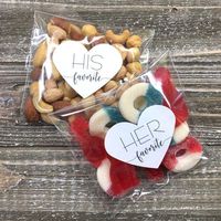 20 Best wedding favors,His and Her Favorite wedding favor bags - 15 his & 15 hers on heart stickers with clear favor bags - Perfect for hotel welcome bags, cheap wedding favors, cheap wedding favors unique #rusticweddingfavors #cheapweddingfavors #diyweddingfavors