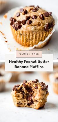 The BEST healthy peanut butter banana muffins that are packed with protein and peanut butter flavor. These gluten free peanut butter banana muffins are naturally sweetened with pure maple syrup, dairy free and a great on-the-go healthy breakfast or snack. Try them with mini chocolate chips!