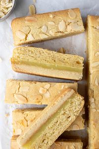 Vegan lemon Bakewell slices - these lemon curd frangipane bars are a great, zingy twist on a traditional Bakewell tart. With a buttery shortbread base, zesty lemon curd and soft almond frangipane they are addictively good!