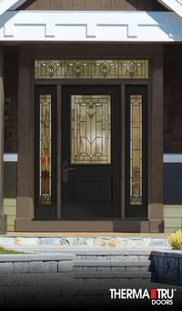 Therma-Tru Classic Craft fiberglass door painted Greenblack with Arborwatch decorative glass. Classic Craft meets the styling of a sleek, modern, or classic entryway adaptable to suit multiple styles to stunning effect.