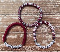 "Perfect for those Alabama Crimson Tide games or just for the fans!  These bracelets are 100% handmade with stretch cord to go over your hand. Overstretching may cause breakage. I use 14k Gold plated, Sterling Silver plated and Stainless-Steel beads that should not tarnish if taken care of. That means avoiding water, lotions, sweating, sanitizer, etc. Set of 3 Sizing: If you are unsure of what size you would like take a sewing measuring tape or a piece of string. Wrap around your wrist and then