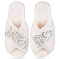 PRICES MAY VARY. Letters Bridal Slippers: our wedding slippers are designed in a variety of letter styles, you can choose your personalized initial slippers, and they are suitable for bridal shower, bridesmaid party, bridal party, also ideal for sleeping, bathing and leisure, comfortable and wear resistant, let you wear the feeling of clouds, white fluff and shining rhinestones can easily match your morning gown, let you shine at any time One Size Fits Most: the bride slippers measure about 9.65