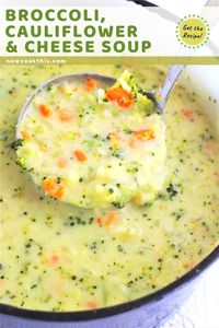 This easy homemade Broccoli, Cauliflower and Cheese Soup is packed with healthy veggies (there's carrots in there too!), and it's ready in less than an hour. It's creamy, cheesy, and so good, it'll make you want to eat your vegetables. Perfect for lunch! Get the recipe and give it a try!