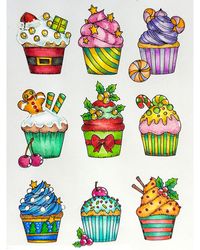 Anyone cooking desserts this holiday week? 😍🧁 these cupcakes are just precious. From Colors of Christmas by Nikolett Delafraye. Used Brutfuner 520, Kalour, Holbein, Luminance, Lightfast pencils, Zig Clean Color pens, gel pen, acrylic paint.