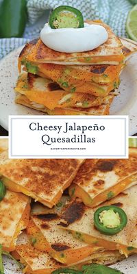 Cheesy, spicy and shareable Cheesy Jalapeño Quesadillas are the gooey appetizer everyone loves. Stacked with cheddar cheese, fresh jalapeños and shredded chicken, they are ready in just 10 minutes! #cheesequesadillas www.savoryexperiments.com