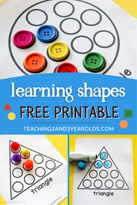 Work on shape recognition and fine motor skills with this preschool shapes printable activity. Each shape contains dots that can be filled with buttons, pom poms, or dot markers! #toddlers #preschool #shapes #dots #finemotor #skills #activity #teaching2and3yearolds