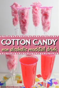 This fun and sweet non alcoholic tasty cotton candy mocktail has a very beautiful and festive pink color! This is a super fun drink to make for kids!