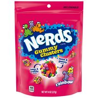 Crunchy, gummy, tangy — it's all coming together to provide a truly craveable experience in every bite of NERDS Gummy Clusters. Candy lovers have been waiting for this one-of-a-kind poppable treat, with Rainbow NERDS candy surrounding a fruity gummy center. Experience the delectable candy revolution. NERDS Gummy Clusters candy deliver multiple textures and flavors, taking hungry fans on a taste-filled journey as they chew. This candy fuels fun for every occasion, so what are you waiting for? Hav