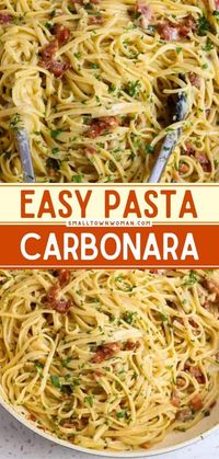 A family friendly dinner idea for tonight! This easy pasta carbonara recipe combines linguine or spaghetti with crisp pan fried bacon in a creamy Parmesan Sauce. With just a few simple tips you too can make this restaurant quality pasta right in your own kitchen. Save this pin for later!