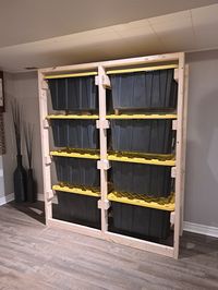 This tote storage rack is very easy to build. It lets you access any tote you want at anytime. It takes up almost the same amount of space as the totes if they were stacked on each other. This is designed for the HDX 102L Totes at home depot  Why buy the plans?   These plans include purchase item lists and quantities so you only make one trip to the store. Detailed instructions on how to complete each step of the project and which tool to use. They also include all nail or screw locations. I hav