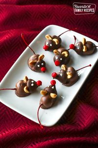 Chocolate Cherry Mice made out of Hershey's kisses and maraschino cherries