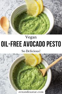 This oil-free avocado pesto makes any dish better. Spread it on top of toast and top with tomatoes, use it as a pasta sauce, or put it on top of tofu scramble or a chickpea omelet. This vegan avocado pesto is a healthier alternative to a traditional pesto, and just as delicious!