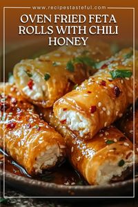 These Oven Fried Feta Rolls with Chili Honey are a delicious, crispy appetizer combining tangy feta and creamy ricotta cheese, wrapped in golden, flaky phyllo pastry. Drizzled with sweet and spicy chili honey, they’re the perfect balance of savory, creamy, and a touch of heat. A great choice for a party appetizer or a delightful snack.