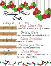 Looking to have a Spirit Week or Theme Week around the holidays and/or Christmas at your school or office? This pre-designed Theme Week is the perfect way to spread the word. Adjust the dates, fonts, theme days, elements, etc. to customize it for your needs. You will receive instructions for editing your flyer/post as soon as you purchase! Can be used over and over again! This Digital File Includes Sizes: • 8.5 x 11 • Instagram + Facebook Post