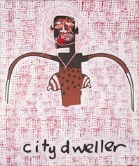 CULTURAL Made from synthetic polymer paint on linen, Bennett depicts the similarities to representations of Aboriginal mimi spirits and privtivist figures. In the series, the faces drawn are from newspaper images such as Peter Garrett, politician, environmentalist and lead singer of politically active rock band Midnight Oil. The use of text speak of stereotypes fixed by assumptions about geography, class and race, appropriating and melding traditional and contemporary pictorial forms.