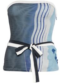 indigo blue/multicolour stretch-design mesh design semi-sheer construction abstract pattern print bandeau style square neck strapless belt loops detachable belt mesh lining straight hem