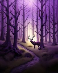 A majestic stag stands in the center of a mystical purple forest, its antlers reaching towards the soft glow of light filtering through the dense canopy. The winding path through the undergrowth adds a sense of depth and mystery to the enchanting scene. Would look great as a talking pint on any wall. Also a card or whatever you want to create with it. Just download and print yourself or send to your favorite printer. Message me with any questions.