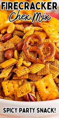 This bold, spicy Firecracker Chex mix recipe takes the classic recipe and turns up the heat. Ranch seasoning balances out the flavor for a zesty party snack mix perfect for any occasion. #PartySnack