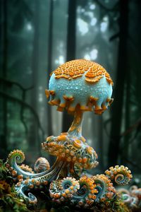 Octopus Mushroom by Dominic Rochon (Metafractals), 2024. AI species created with MidJourney and Mandelbulb 3D. #polymorphicart, #aiart, #aiartwork, #midjourney, #surreal, #octopus, #mushrooms, #fractals, #spirals, #metafractals