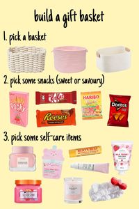 If you're not sure what gift to get for someone, gift baskets are simple and inexpensive. Here are some ideas for what to put in the gift basket ♡  #gift #giftideasforher #gifting #giftbasket #selfcare #snacks #ideas #tips #birthday