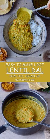 This healthy 1-pot lentil dal is creamy, satisfying and a great vegan comfort meal. The recipe is cooked in one pot and is very easy to make. #vegan #glutenfree #dal #lentildal #dhal #dahl #dinner #lunch #comfortfood | elavegan.com