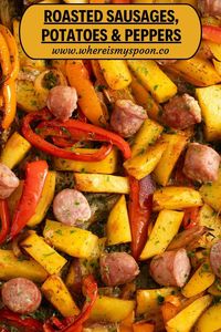 This oven-roasted sausage, potatoes, and peppers dish is a simple, tasty meal. Toss everything in the oven for a hearty, no-fuss dinner.