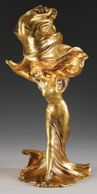 LOIE FULLER BRONZE LAMP SIGNED RAOUL LARCHE (1860-1912) Gilt bronze representation of the famous dancer Loie Fuller. Signed Raoul Larche and stamped Siot-Decauville Fondeur Paris. Accommodation for two sockets. Condition good; not wired; UPDATED CONDITION REPORT; two minor inclusions on top edge of the veil. See photos. ca.1900 Originally purchased from a New York Gallery. From a Private Collection, Springfield, Illinois. 17.5"H Estimate $ 15,000-25,000 Sold for $15,000