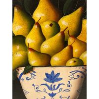 Gorgeously rendered still life of a large blue and white bowl overflowing with ripe yellow green pears set against a graphic black background. Signed lower right, Luis Angel Frame is handsome wide black and gold wooden molding. Canvas. Measure: 24 W x 30 H.