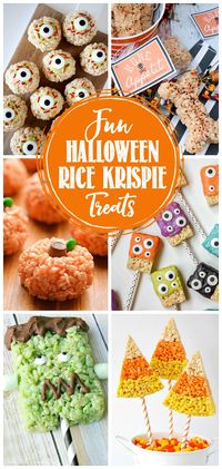 Fun Halloween Rice Krispie Treats. Lots of great ideas to use for Halloween parties, class treats, or a fun Halloween activity. #ricekrispietreats #halloweenfun #halloweenrecipe #halloweenpartyideas #halloweentreats