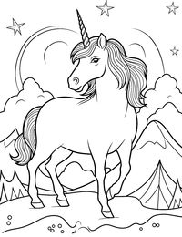 Unicorn and Mountains: A unicorn with large snowy mountains in the background. (Free Printable Coloring Page for Kids)