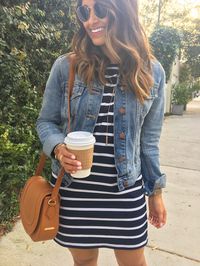 haute off the rack, spring style, women's fashion, gigi new york, jenni saddle bag, striped dress, striped shift dress, denim jacket, rayban round sunglasses, kendra scott jewelry