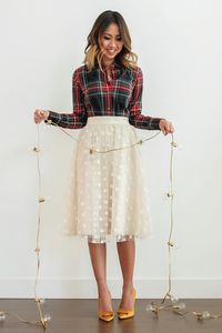 petite fashion blog, lace and locks, los angeles fashion blogger, polka dot tulle skirt, plaid shirt, bow heels, holiday outfit ideas, oc fashion blogger, holiday skirts for women, cute tulle skirts