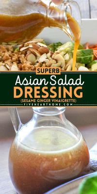 The BEST Asian salad dressing recipe! This easy summer condiment will become one of your favorites. Perfectly salty, nutty, tangy, and sweet, this sesame ginger vinaigrette is superb! Try this simple summer salad dressing!