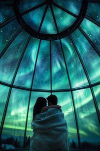 Experience the magical moment of a couple embracing in a glass observatory, with the magnificent Aurora Borealis as their backdrop. This breathtaking scene captures the awe-inspiring beauty of the Northern Lights, enveloping the couple in a dance of vibrant colors in the night sky. The glass observatory offers an intimate and unobstructed view of this natural wonder, creating a perfect, romantic setting.