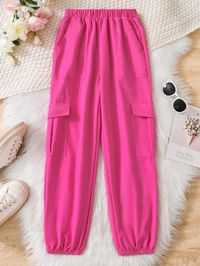 Pink Casual Collar  Fabric Plain Cargo Pants Embellished Non-Stretch  Tween Girls Clothing