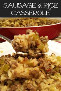 Sausage and Rice Casserole is a simple dish made with sausage and rice perfect for supper, side dishes, potlucks and Thanksgiving (sometimes called Rice Dressing or Rice Stuffing)