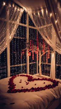 Set the mood for a cozy Valentine's Day with this romantic bedroom decor! Featuring heart-shaped rose petals, soft textures, and glowing candles arranged around the bed, this design creates an elegant and intimate atmosphere. Save this pin for Valentine’s Day inspiration!