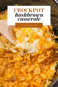 Crockpot hashbrown casserole is easy, cheesy, and a family favorite! It's perfect for a potluck, brunch, or easy Sunday side dish. #crockpothashbrowncasserole #hashbrowns #crockpot #breakfast #slowcooker