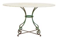 •51.25"dia x 30"h •patinaed iron base and marble top•early 20th century•france