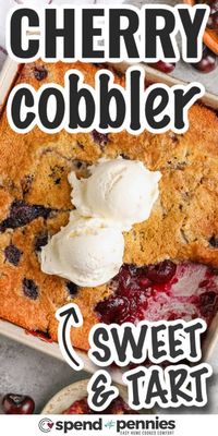 This cherry cobbler recipe is as easy as pie! Just melt butter in a cake pan, then pour over a simple batter made from milk, flour, and cinnamon. Top with fresh cherries and oven-bake until fluffy and golden brown. You can make it even easier with Bisquick and cherries from a can or from the frozen food section of the grocery store. #spendwithpennies