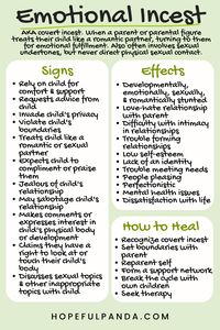 If you and your parent are a little too close for comfort, almost like you're a couple, you may be experiencing emotional incest, also known as covert incest or covert sexual abuse. Learn more about emotional incest as well as its signs, causes, effects, and how to heal at hopefulpanda.com