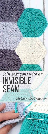 This photo tutorial will show you how to join crochet hexagons with a technique that results in an invisible seam. Great for sewing hexagons together for an afghan, but can also work for granny squares or other crochet pieces. | http://MakeAndDoCrew.com