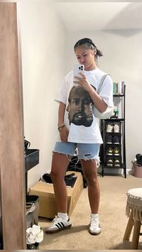 cute outfits, outfit inspo, graphic tee, streetwear baddie aesthetic, pretty girls, shorts, baggy shorts outfit,jean shorts, jorts baggy tee, rainy summer day outfit, girly summer outfits, fashion, addidas sambas outfit