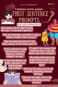 First Sentence Starter Prompts for ideas and inspiration for writing your novel! Jumpstart Your Writing with These Creative Sentence Starter Prompts ✍️✨ Stuck on how to begin? Explore these unique sentence starter prompts to spark your creativity and get your story flowing. Perfect for overcoming writer’s block, these prompts will inspire new scenes, dialogue, and plot twists in any genre. Ideal for writers looking for fresh ideas to kickstart their writing sessions and keep the words flowing. #SentenceStarters #WritingPrompts #CreativeWriting #WritingInspiration #OvercomeWritersBlock