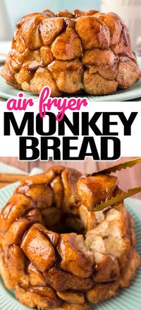 Soft, warm, and swirled inside with cinnamon and sugar, this Air Fryer Monkey Bread is the perfect treat to eat for breakfast or dessert! #RealHousemoms #airfryer #monkeybread #bread #cinnamonsugar #biscuits #breakfast #burnch #dessert #christmas